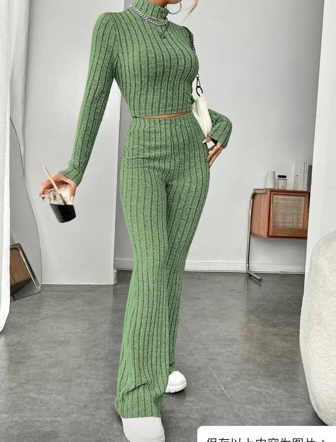 ESSENTIAL Long Sleeve Turtlenecks Wide Leg High Waist Trousers Suit - My Store