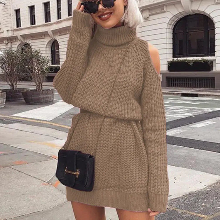 Long High Neck Off-Shoulder Sweater Dress - My Store