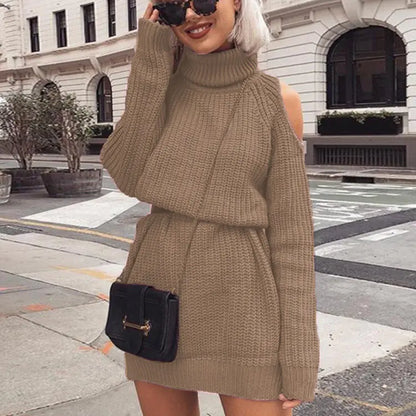 Long High Neck Off-Shoulder Sweater Dress - My Store