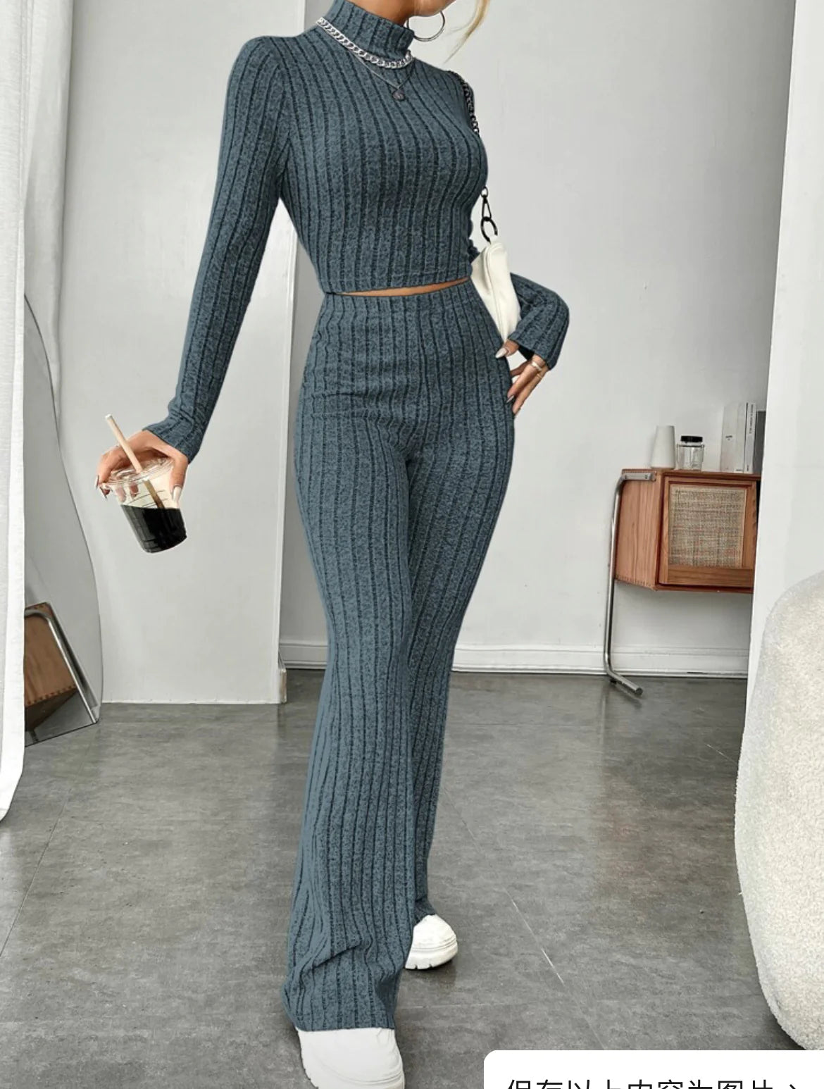 ESSENTIAL Long Sleeve Turtlenecks Wide Leg High Waist Trousers Suit - My Store