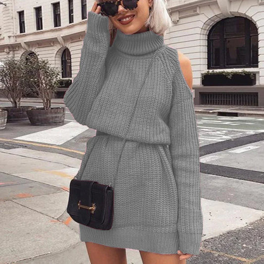 Long High Neck Off-Shoulder Sweater Dress - My Store
