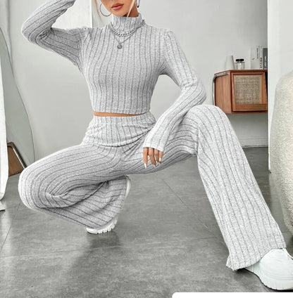 ESSENTIAL Long Sleeve Turtlenecks Wide Leg High Waist Trousers Suit - My Store