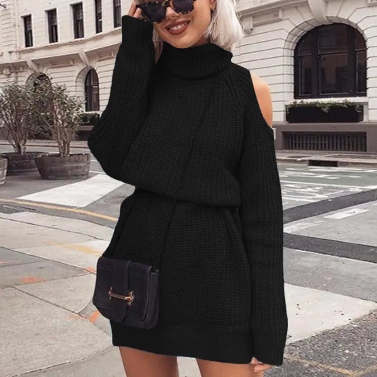 Long High Neck Off-Shoulder Sweater Dress - My Store