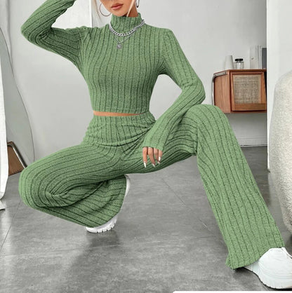 ESSENTIAL Long Sleeve Turtlenecks Wide Leg High Waist Trousers Suit - My Store