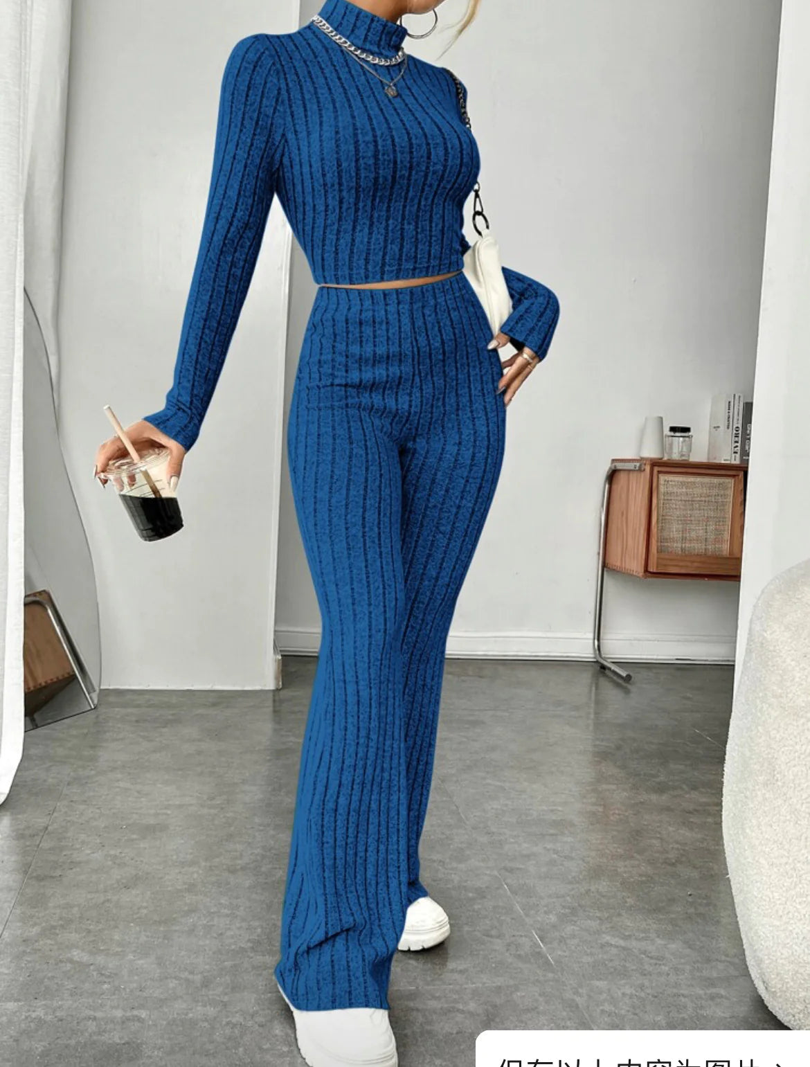 ESSENTIAL Long Sleeve Turtlenecks Wide Leg High Waist Trousers Suit - My Store