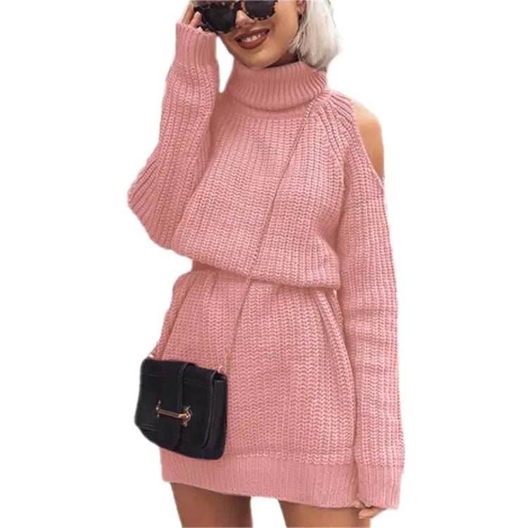 Long High Neck Off-Shoulder Sweater Dress - My Store