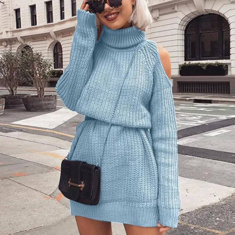 Long High Neck Off-Shoulder Sweater Dress - My Store