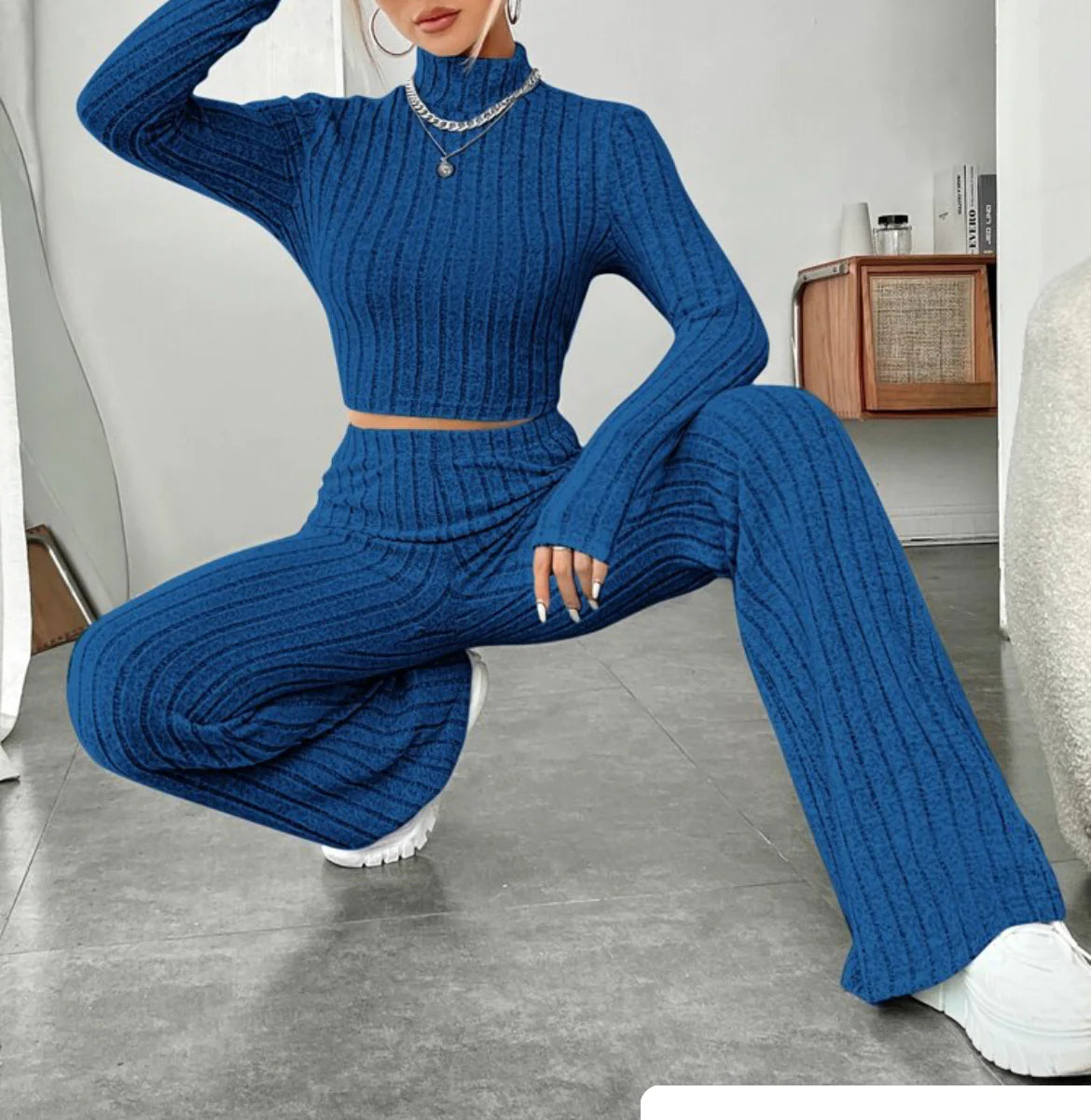ESSENTIAL Long Sleeve Turtlenecks Wide Leg High Waist Trousers Suit - My Store