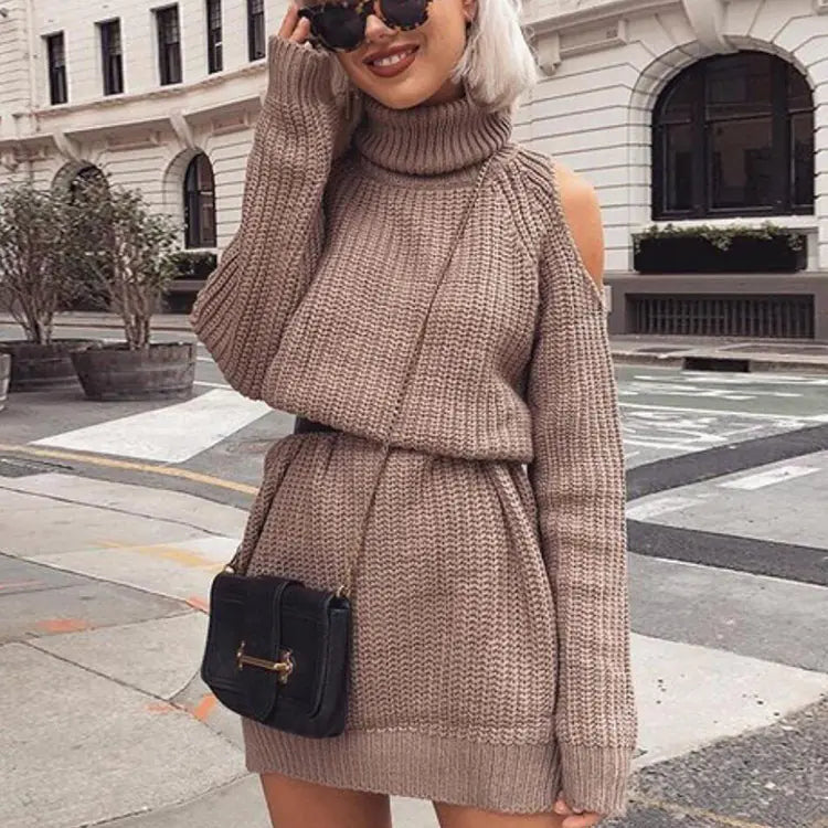 Long High Neck Off-Shoulder Sweater Dress - My Store