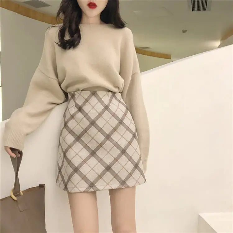 High-Waist Woolen Plaid Skirt for Women - My Store