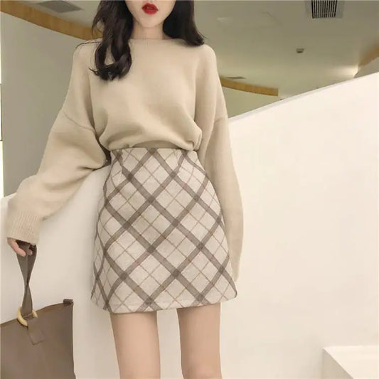 High-Waist Woolen Plaid Skirt for Women - My Store