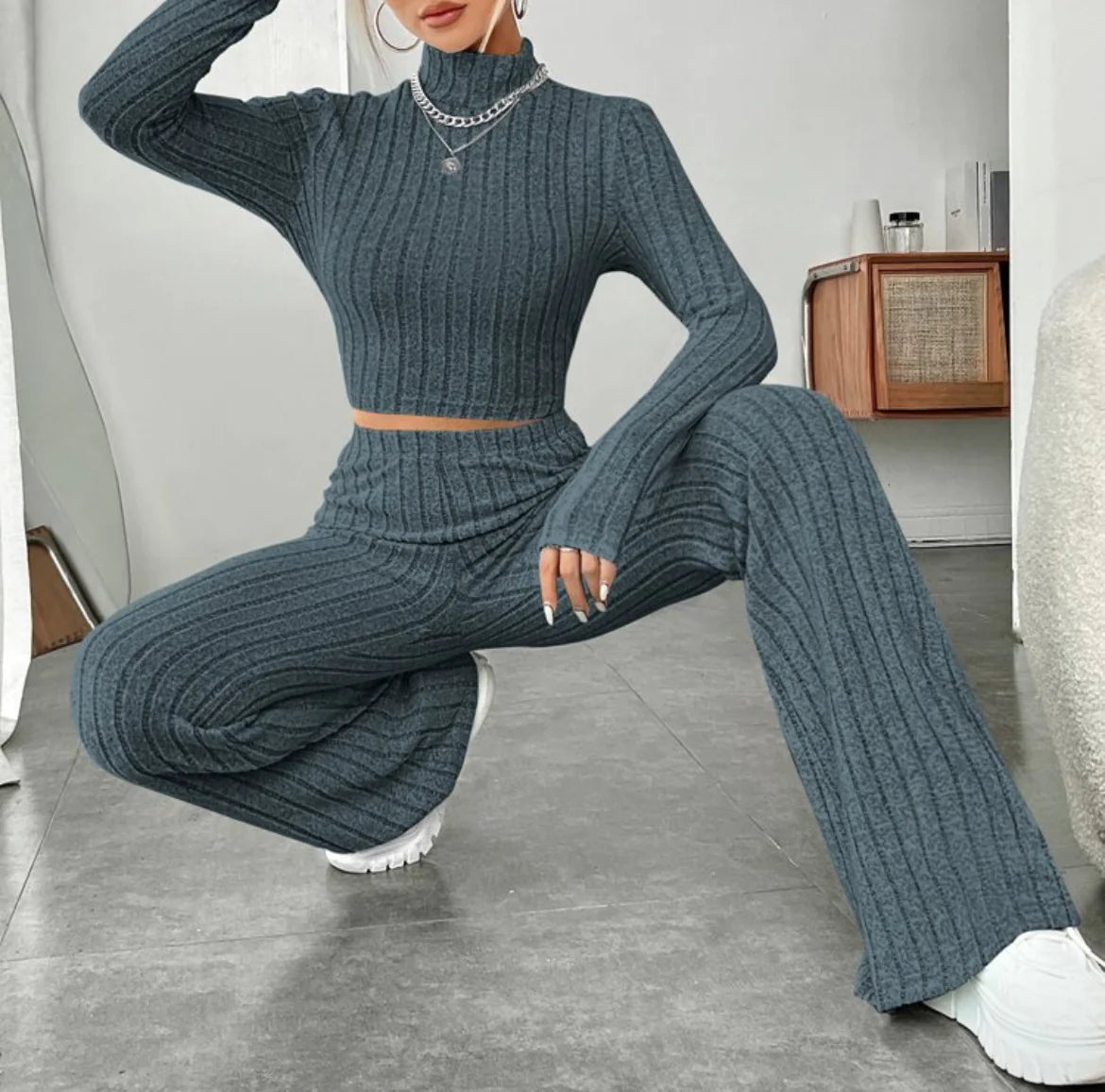 ESSENTIAL Long Sleeve Turtlenecks Wide Leg High Waist Trousers Suit - My Store