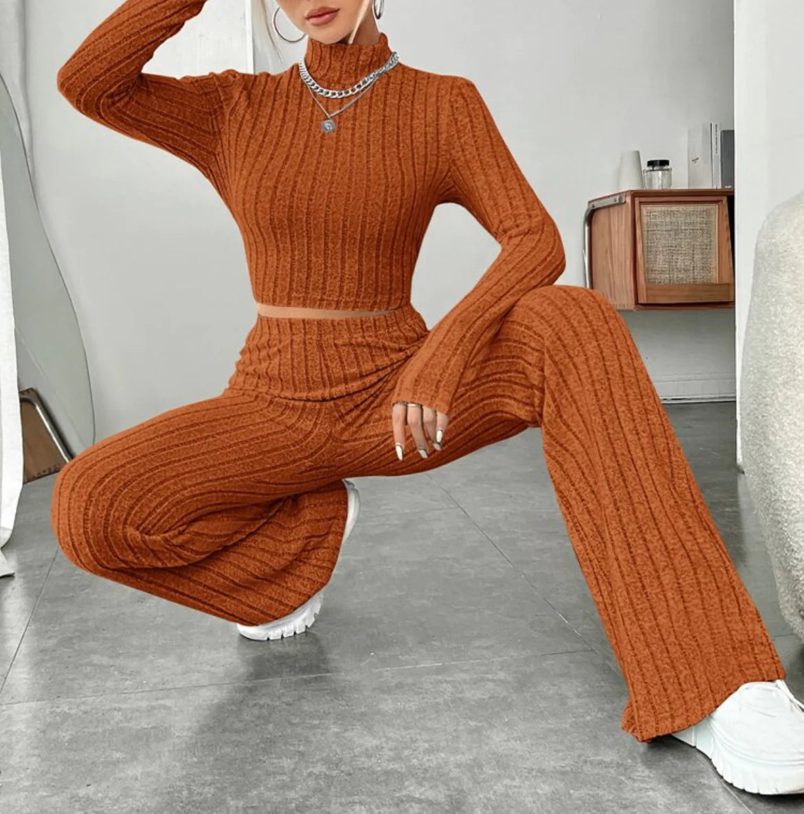 ESSENTIAL Long Sleeve Turtlenecks Wide Leg High Waist Trousers Suit - My Store