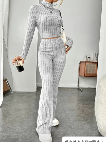 ESSENTIAL Long Sleeve Turtlenecks Wide Leg High Waist Trousers Suit - My Store