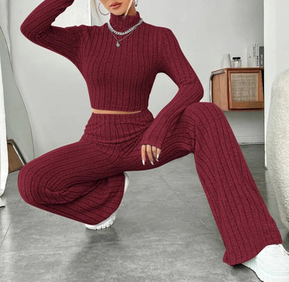 ESSENTIAL Long Sleeve Turtlenecks Wide Leg High Waist Trousers Suit - My Store