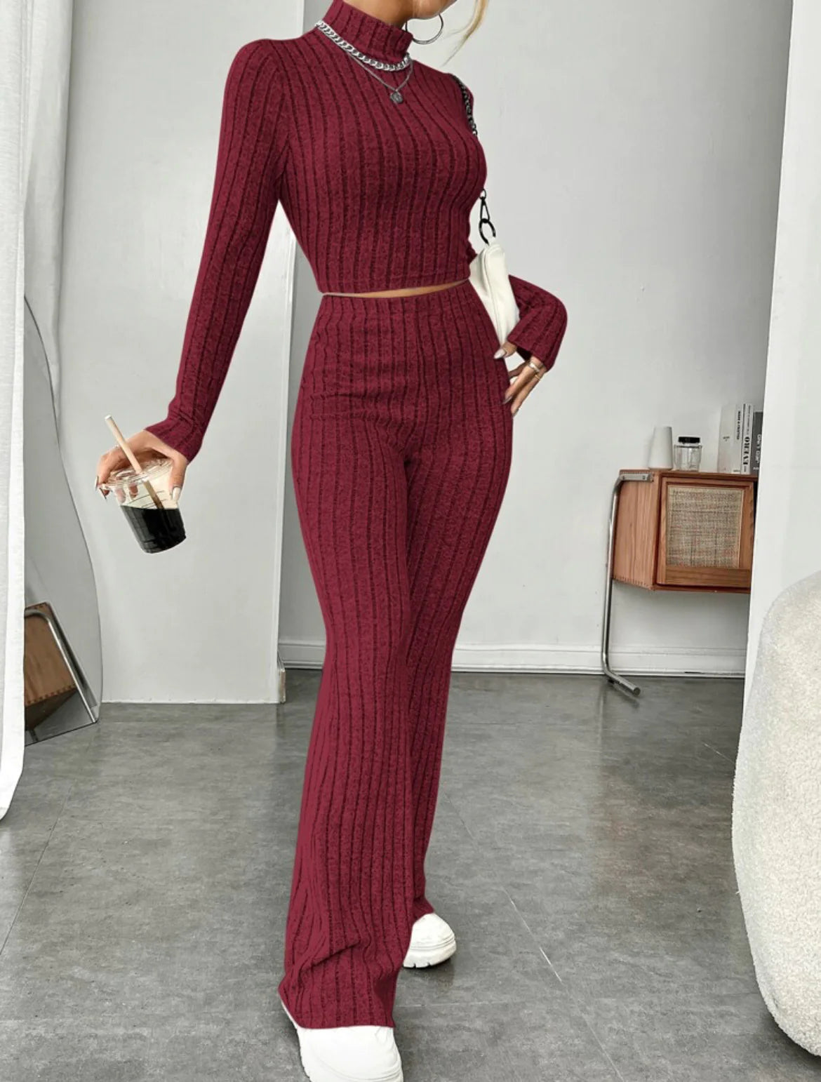 ESSENTIAL Long Sleeve Turtlenecks Wide Leg High Waist Trousers Suit - My Store