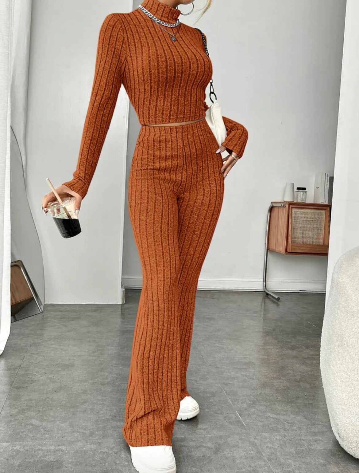 ESSENTIAL Long Sleeve Turtlenecks Wide Leg High Waist Trousers Suit - My Store