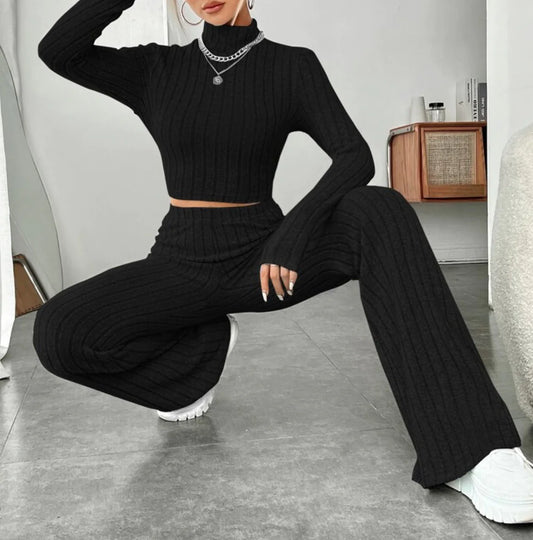 ESSENTIAL Long Sleeve Turtlenecks Wide Leg High Waist Trousers Suit - My Store