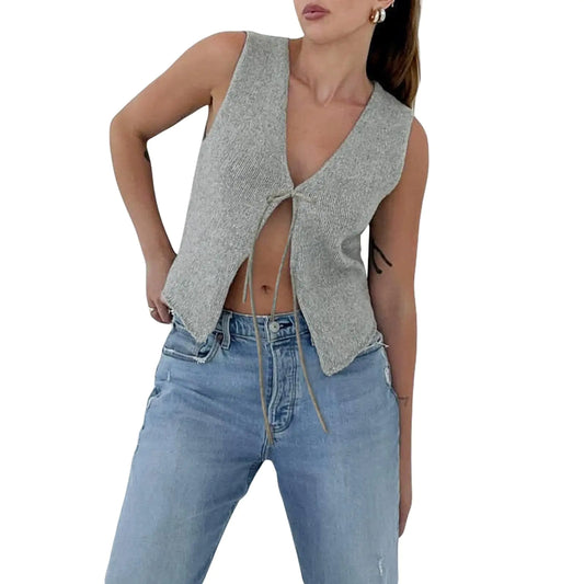 Women Tie Front Sweater Vest Top Sleeveless Y2k Knit V Neck Tank Tops Crochet Casual Going Out Tops Streetwear (A2 Gray S) - My Store