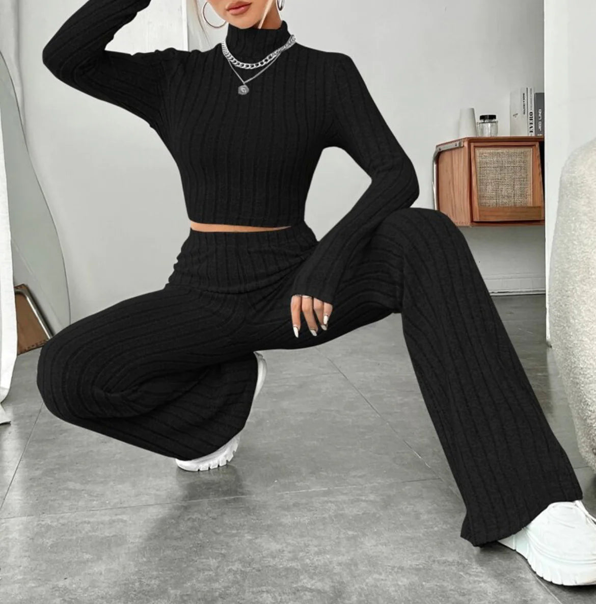 ESSENTIAL Long Sleeve Turtlenecks Wide Leg High Waist Trousers Suit - My Store