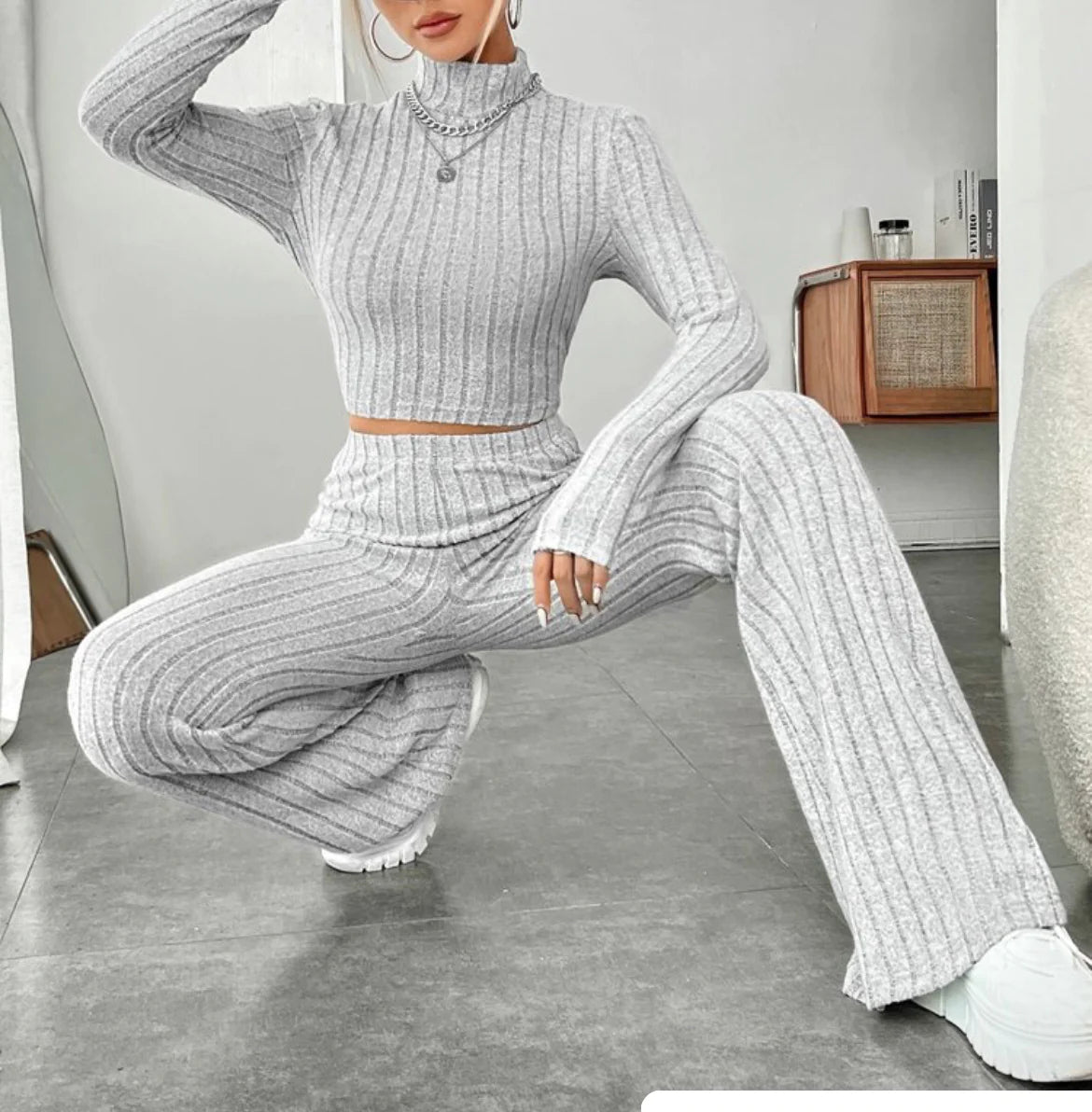 ESSENTIAL Long Sleeve Turtlenecks Wide Leg High Waist Trousers Suit - My Store
