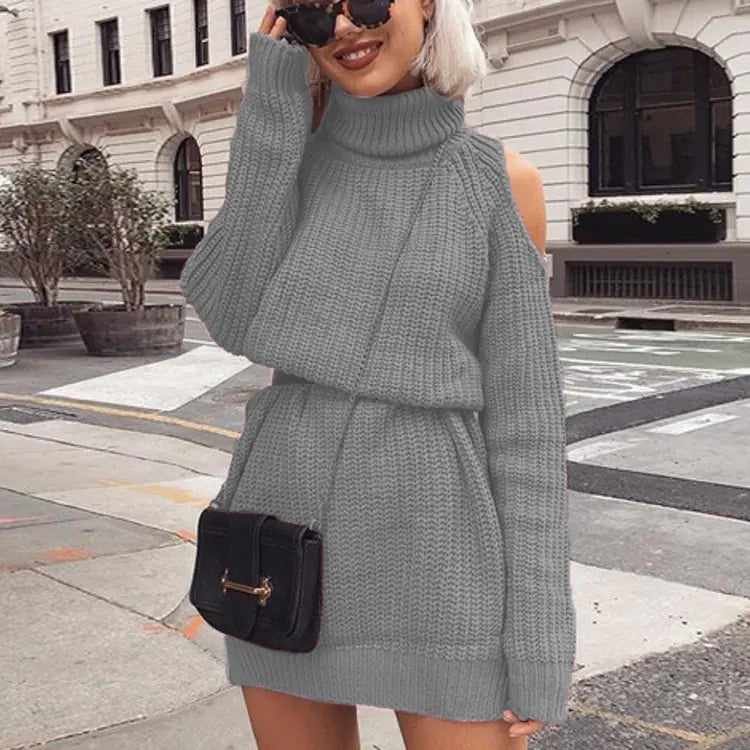 Long High Neck Off-Shoulder Sweater Dress - My Store