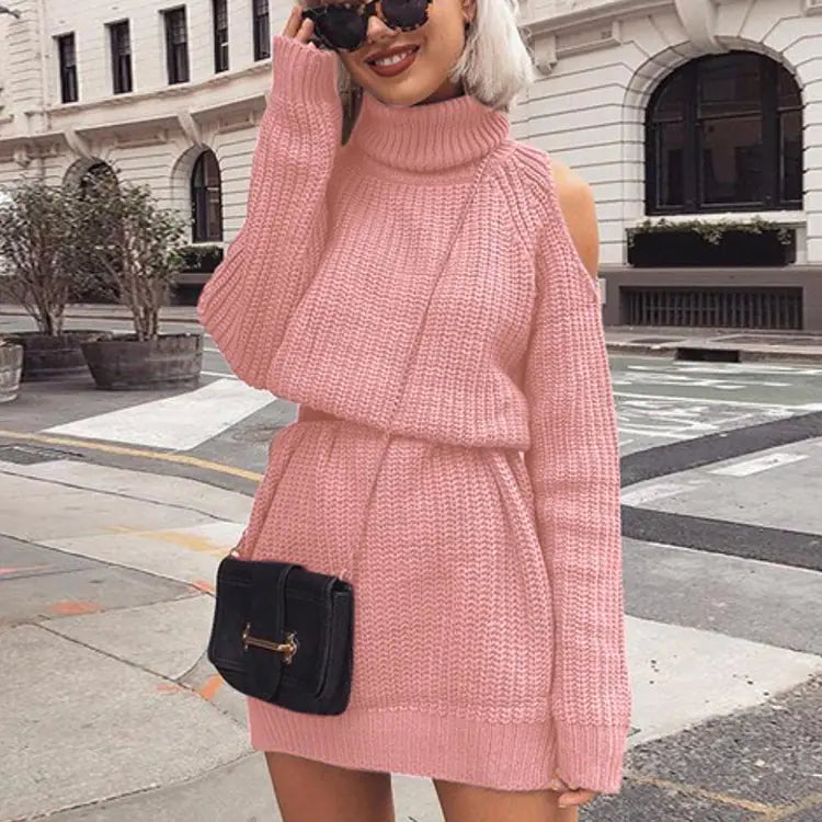 Long High Neck Off-Shoulder Sweater Dress - My Store