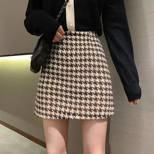 Woolen Plaid High Waist Mini Skirt for Women - My Store